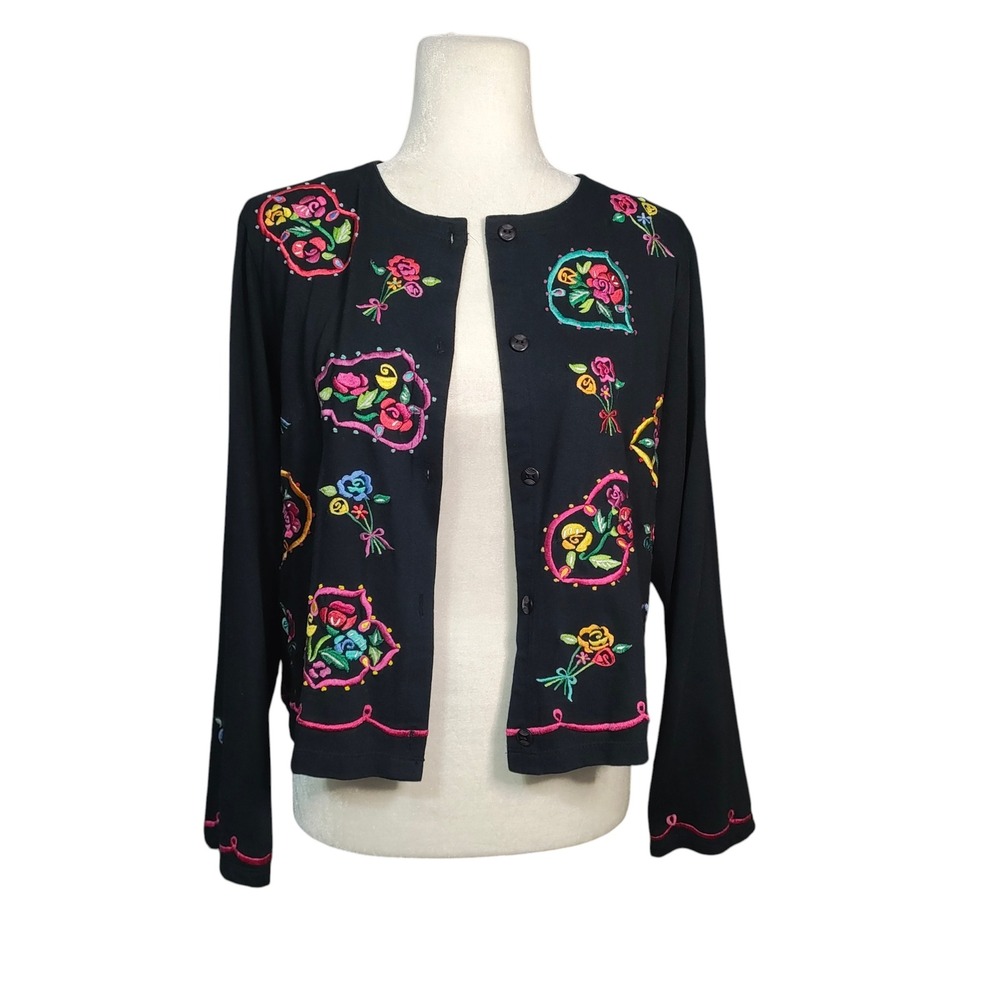 Michael Simon Lite Embroidered Cardigan Sweater Black Floral Bold Whimsical - L